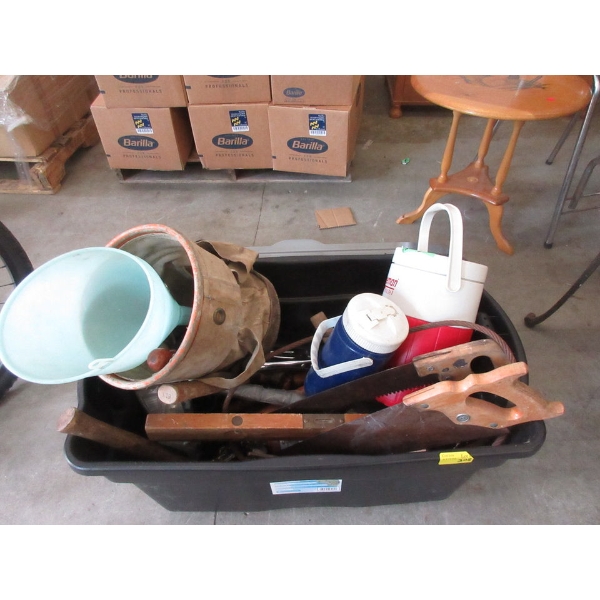 Large Tote of Hand Tools and Thermos Jugs