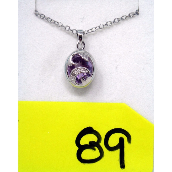 Large Amethyst & Diamond Sterling Silver Pendant