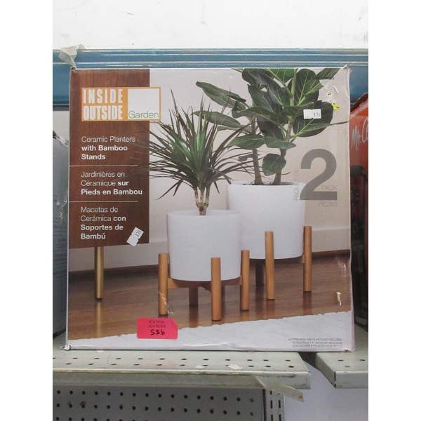 Set of 2 Ceramic Planters with Bamboo Stands