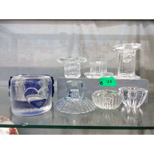 Vintage Blue Glass Ashtray & 7 Candle Holders