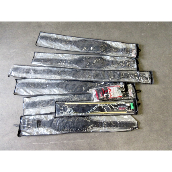 7 New WSF Weight Lifting Belts & 1 Pair of Gloves