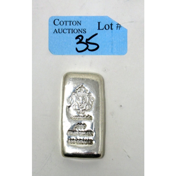 100 Gram .999 Silver Scottsdale Mint Hand-Poured Bar 