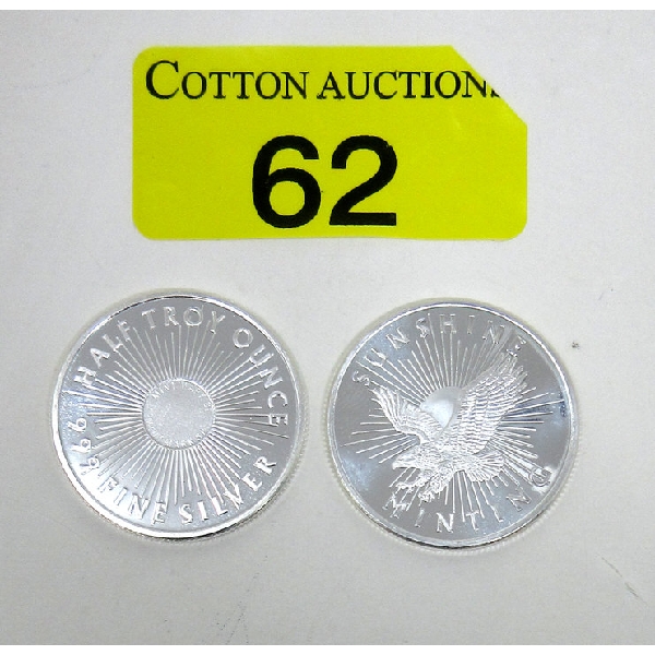 2 x 1/2 Oz .999 Silver Sunshine Minting Rounds 