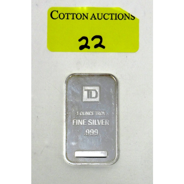 1 Oz .999 Silver TD Bank Investor Bar 