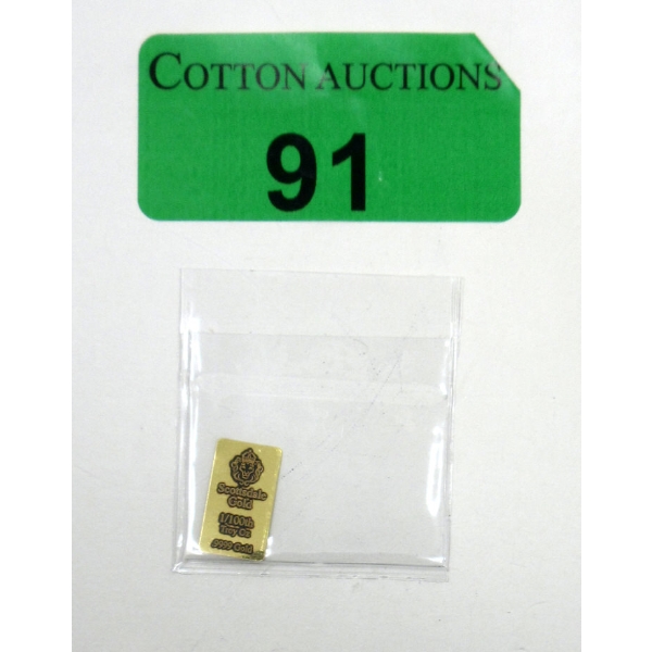 1/100 Oz .9999 Fine Gold Scottsdale Lion Mint Bar 