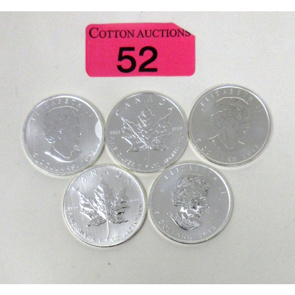 5 x 1 Oz .9999 Silver 2013 Maple Leaf Coins 