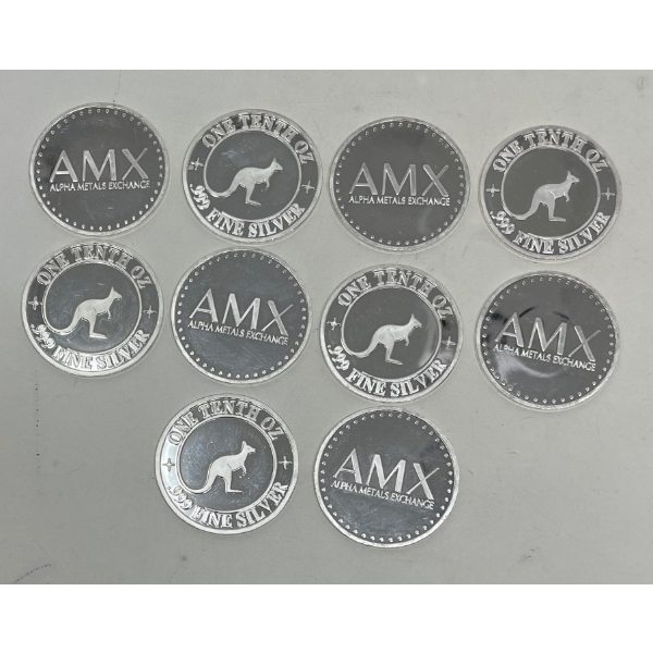 10 x 1/10 Oz .999 Silver AMX Rounds 