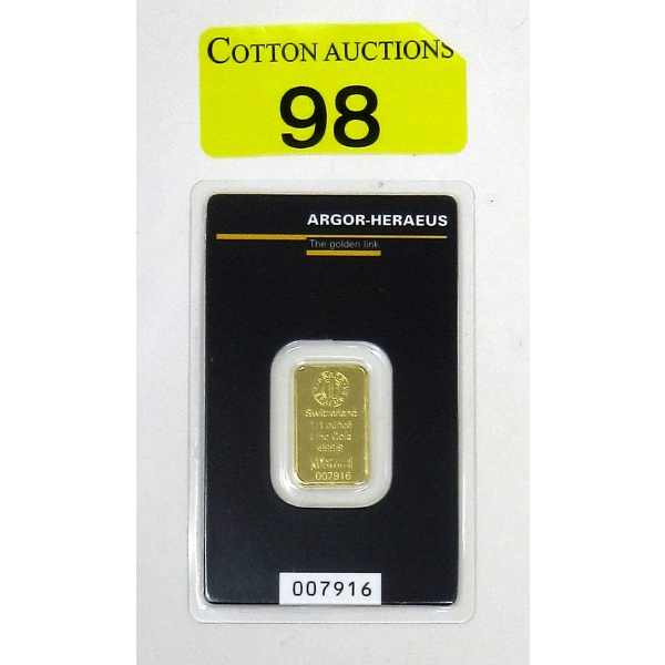 1/4 Oz .9999 Fine Gold Argor-Heraeus Certified Bar 