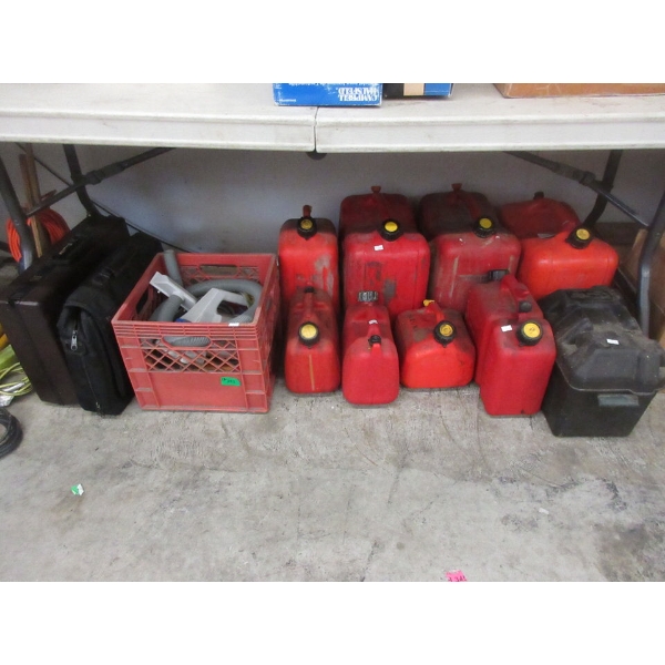 12 Piece Lot of Gas Cans, Vacuum & Briefcases