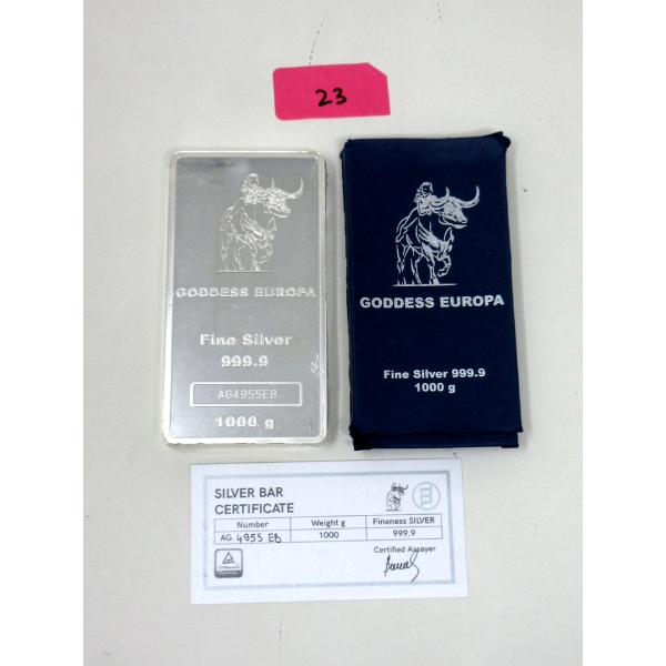 1000 Gram 1 KILO .9999 Silver Goddess Europa Bar 