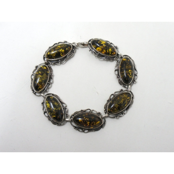 8" Sterling Silver Oval Link Amber Resin Bracelet