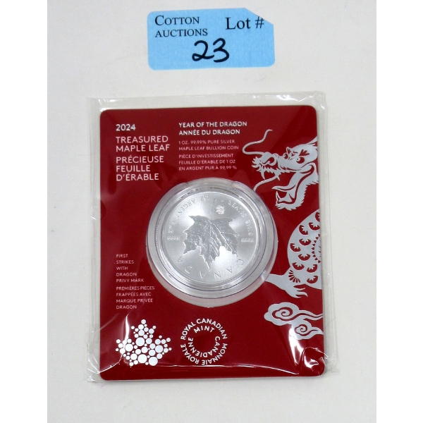 First Strike 1 Oz .9999 Silver 2024 Year of the Dragon Maple Leaf Coin 