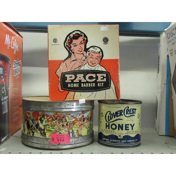 Vintage Toy Drum, Honey Tin & Barber Kit 