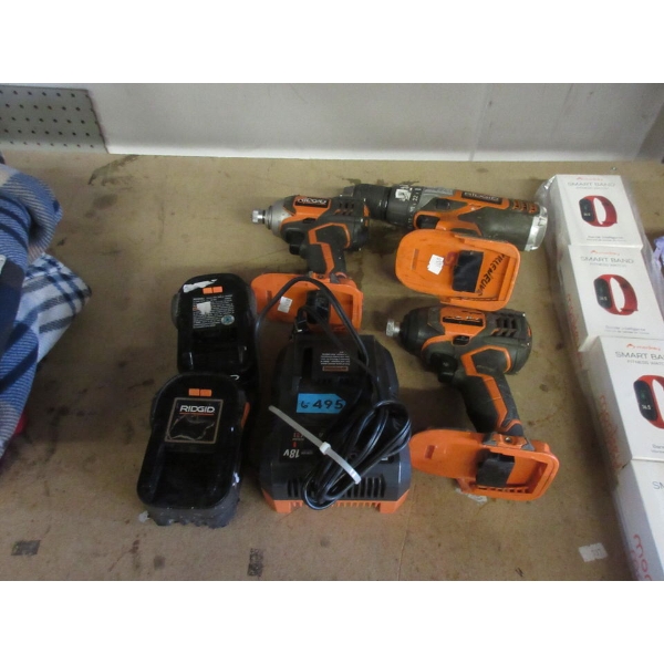 3 Ridgid Cordless Drills with 1 Charger & 2 Batteries 