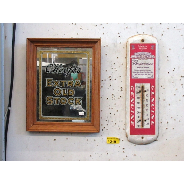 O'Keefe's Bar Mirror & Budweiser Thermometer 