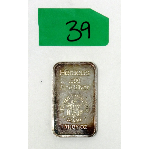 1 Oz .999 Silver Heraeus Edelmetalle Hanau Bar 
