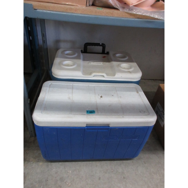 2 Coleman Insulated Coolers - 1 is on wheels