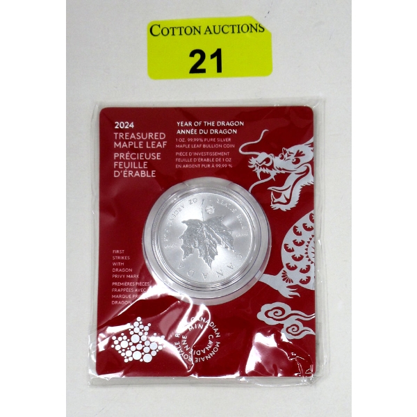 First Strike 1 Oz .9999 Silver 2024 Year of the Dragon Maple Leaf Coin