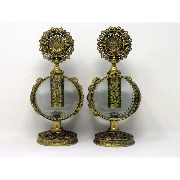 2 Vintage Matching Gold Filigree Perfume Bottles