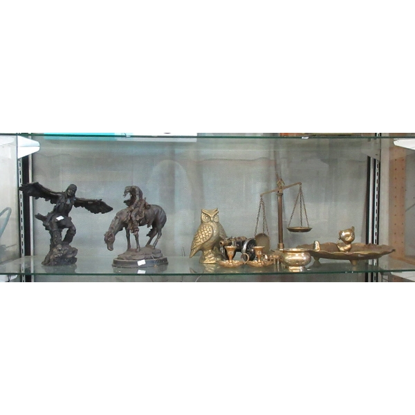 Shelf Lot of Statues and Brass Collectibles