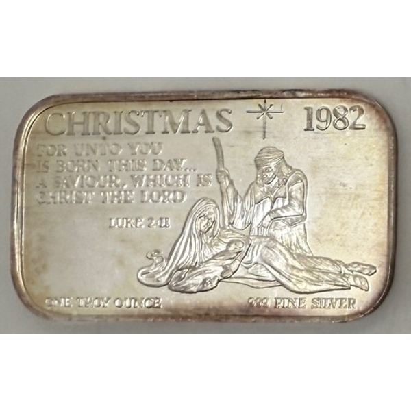 Vintage 1 Oz .999 Silver 1982 Christmas Bar 