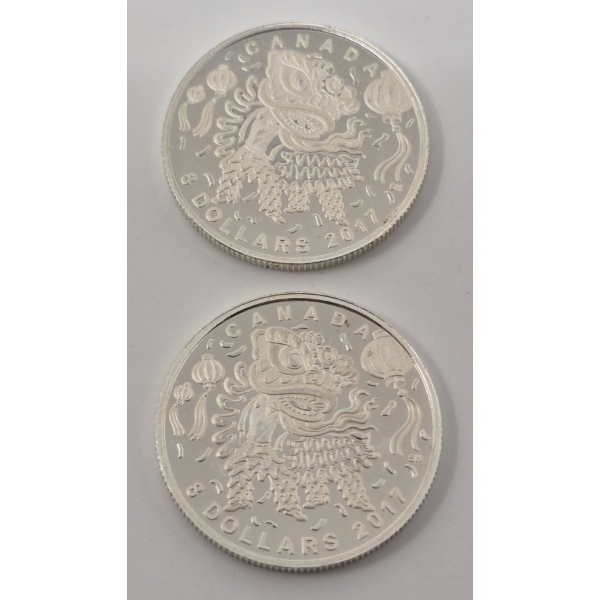 2 x 1/4 Oz .9999 Silver $8 Lion Dance Coins 