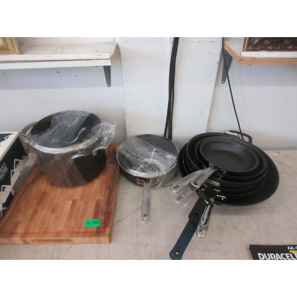 Wood Cutting Board & 8 Assorted Cookware