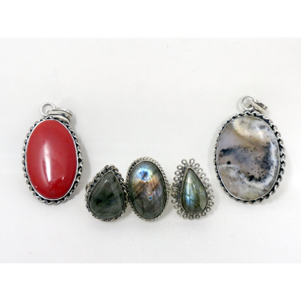 Red Jasper & Quartz Stone Pendants in .925 Silver & 3 Labradorite Rings