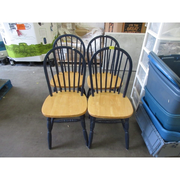 4 Pine Wood Chairs with Blue Backs & Legs