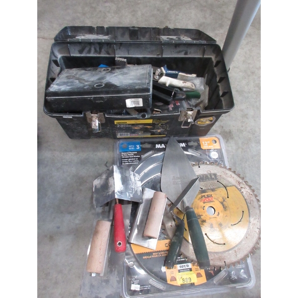 4+ Piece Lot of Tool Box, Saw Blades and Trowels