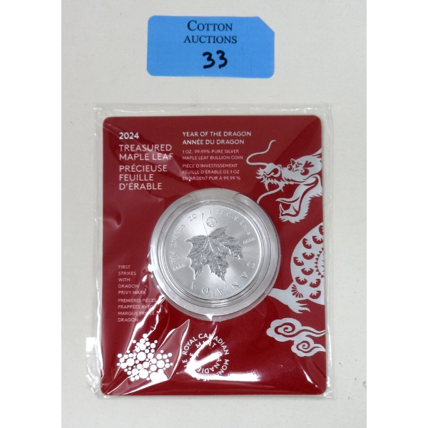 1 Oz .9999 Silver Year of the Dragon Maple Leaf Coin
