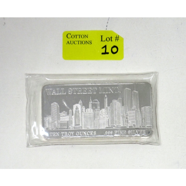 10 Oz .999 Silver Wall Street Twin Tower Skyline Bar
