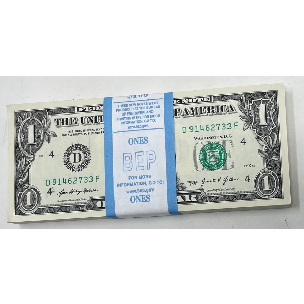 100 x $1 USD Uncirculated Federal Reserve Bundle