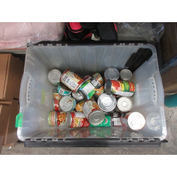 Tote of Assorted Canned Food - Dented Tins