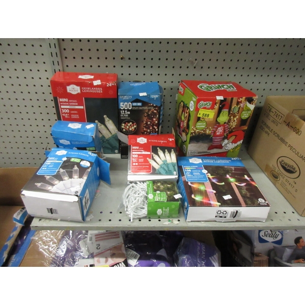 8 Piece Lot of Light Strings & Inflatable Grinch
