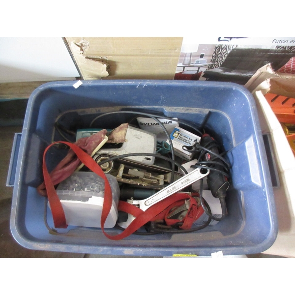 Tote of Belt Sander and Other Assorted Tools