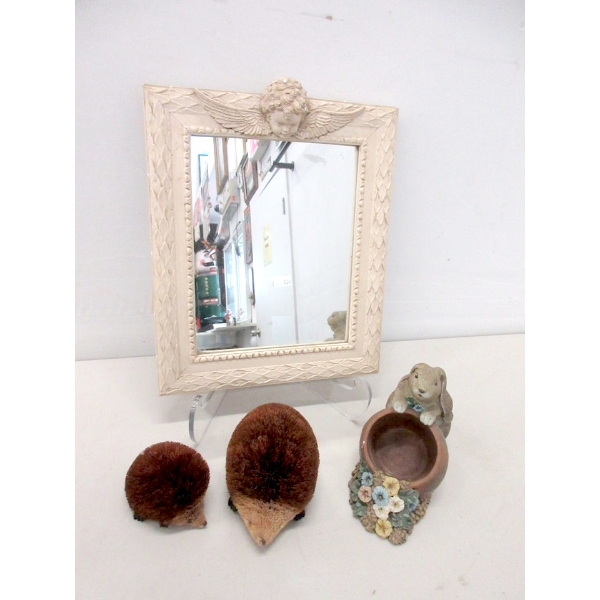 Framed Cupid Mirror, 2 Hedgehogs & 1 Bunny Plant Pot