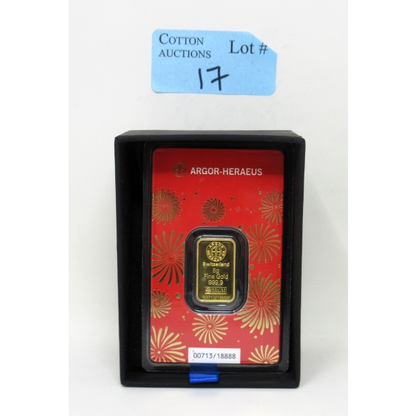 5 Gram .9999 Fine Gold 2025 Year of the Snake Argor-Heraeus Certified Bar 