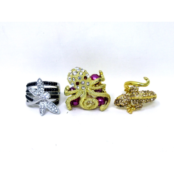 3 Rhinestone Rings -Octopus, Lizard & Butterfly 