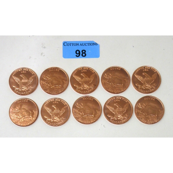 10 x 1 Oz .999 Fine Copper Moose Art Rounds