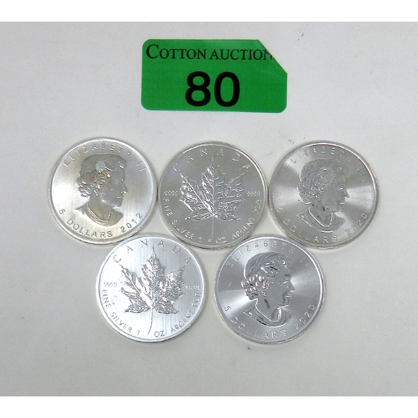 5 x 1 Oz .9999 Silver 2012 Maple Leaf Coins 