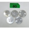 Image 1 : 5 x 1 Oz .9999 Silver 2012 Maple Leaf Coins 