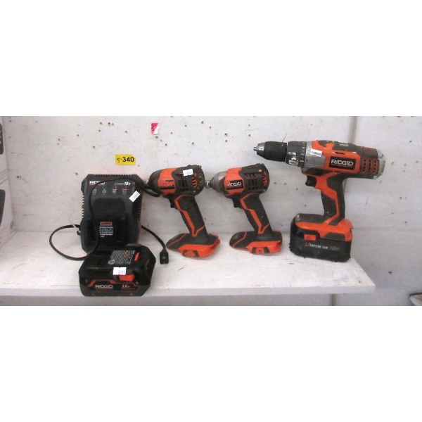 3 Ridgid Cordless Drills with 1 Charger & 2 Batteries