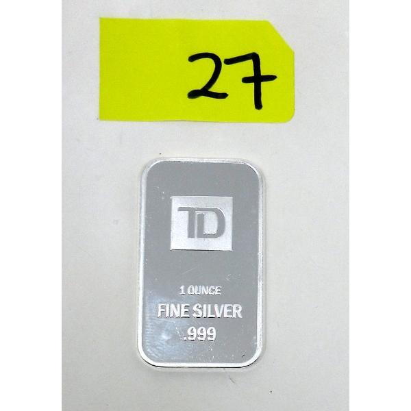 1 Oz .999 Silver TD Bank Investor Bar 