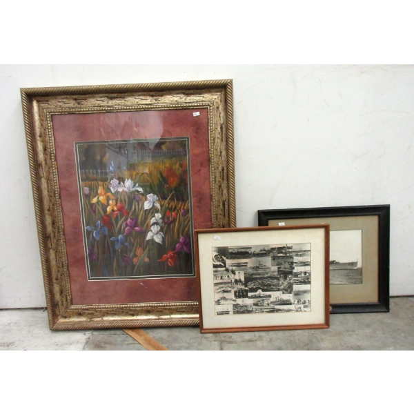 Large Floral Print & 2 Framed Vintage Ship Photos