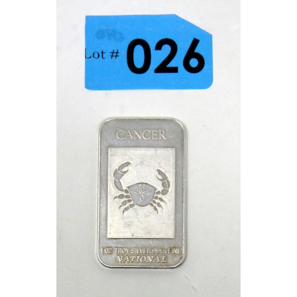 1 Oz .999+ Silver Cancer Zodiac Bar 