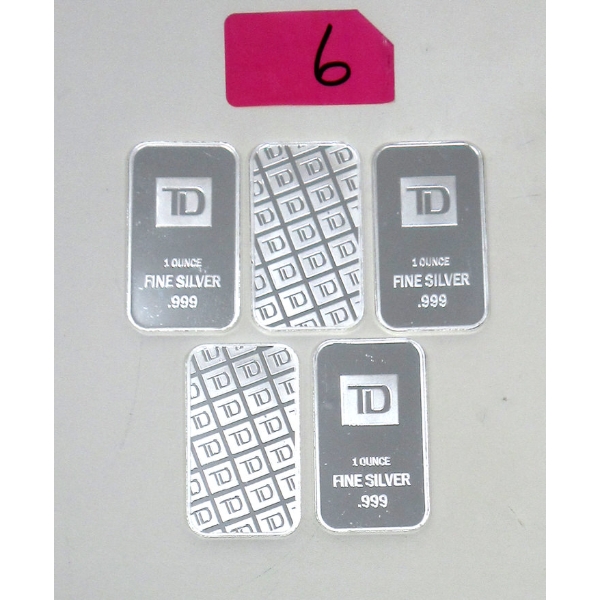 5 x 1 Oz .999 Silver TD Bank Investor Bars 