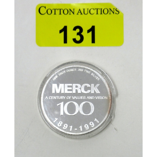 1991 MERCK 1 Troy Oz. .999 Silver Round