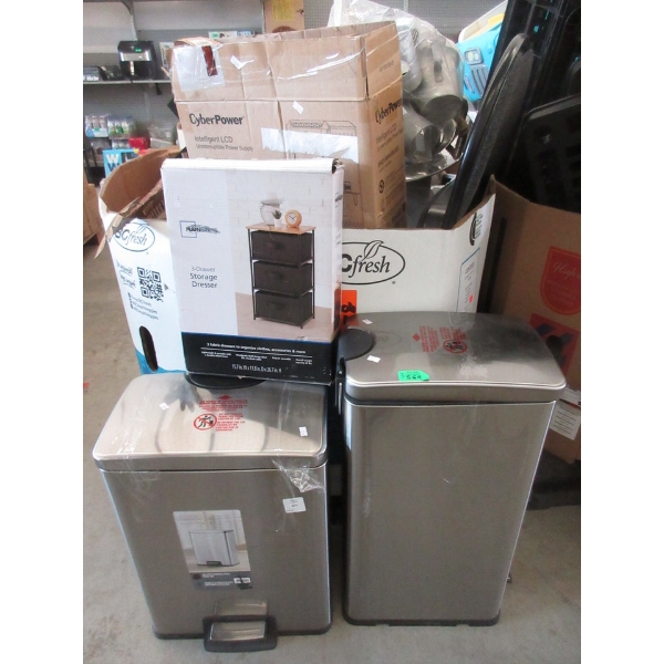 2 Kitchen Pedal Trash Cans & 1 Dresser with 3 Drawers