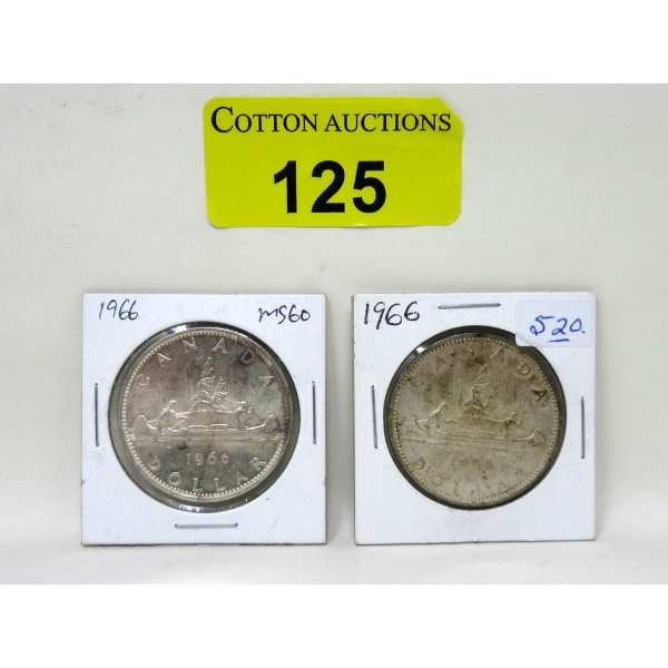 Two 1966 Canadian 80% Silver Dollar Coins